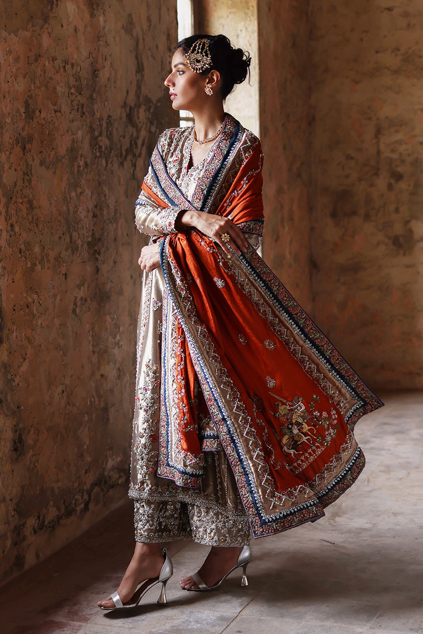 Pakistani Gold Zardozi Metallic Silk Salwar Kameez (3-Piece) - Image 8