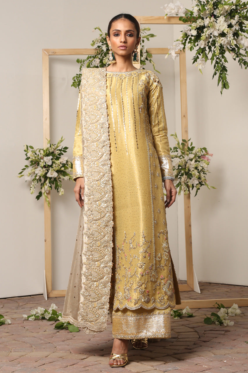 Pakistani Gold Embroidered Meysuri Salwar Kameez (3-Piece) - Image 1
