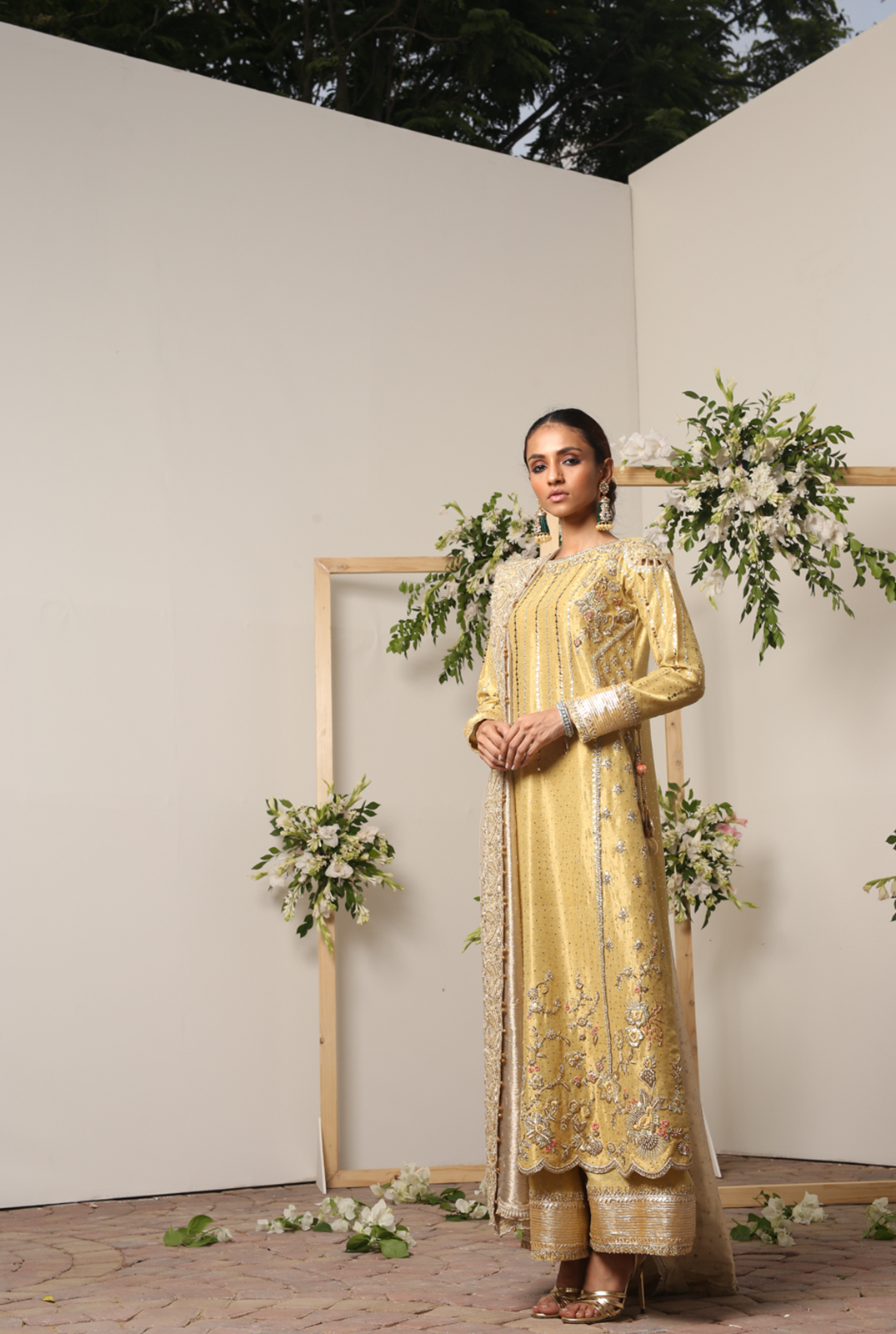 Pakistani Gold Embroidered Meysuri Salwar Kameez (3-Piece) - Image 2