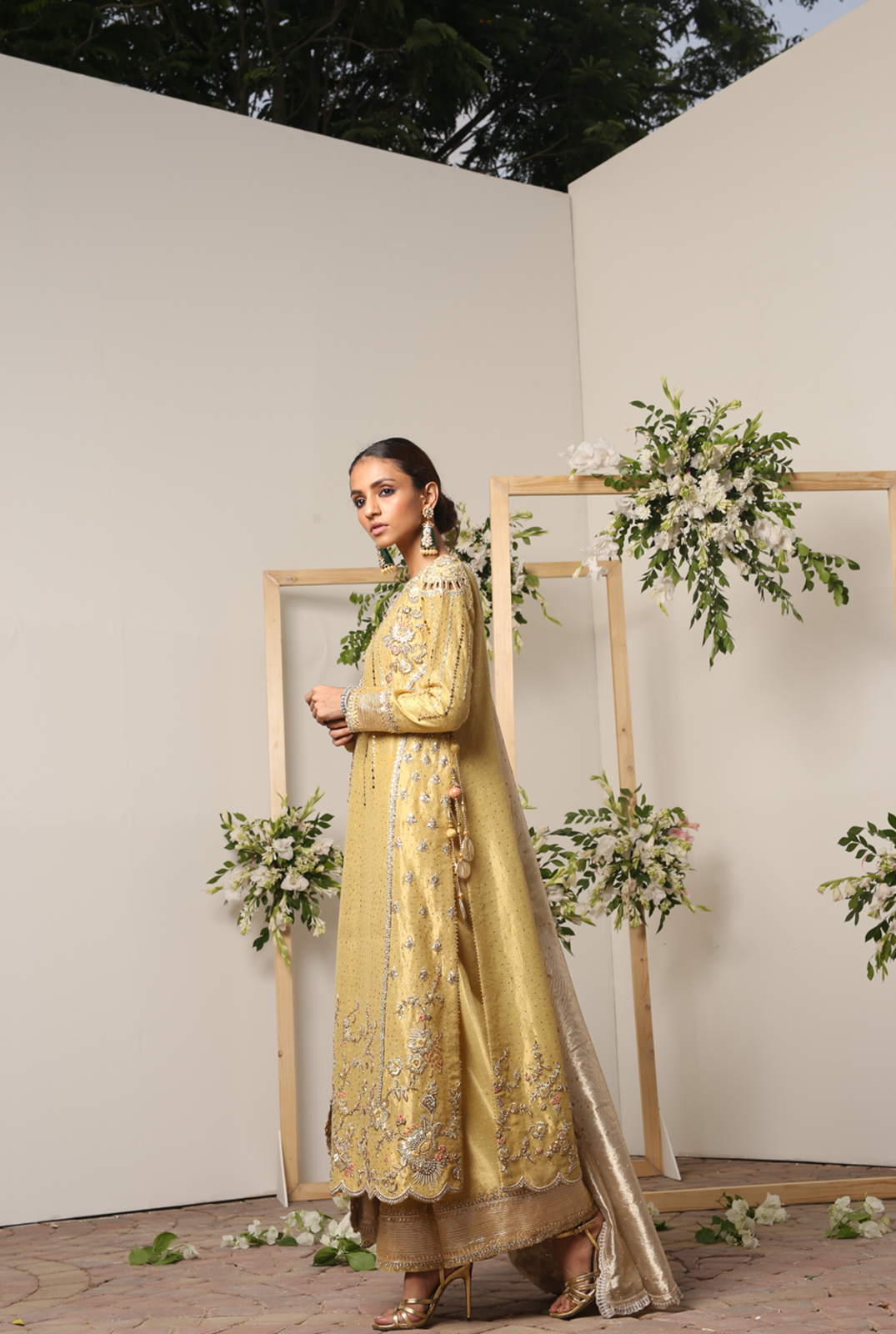 Pakistani Gold Embroidered Meysuri Salwar Kameez (3-Piece) - Image 3