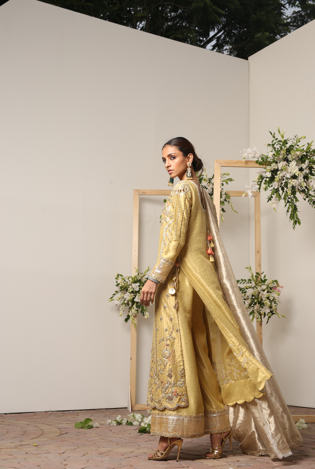 Pakistani Gold Embroidered Meysuri Salwar Kameez (3-Piece) - Image 4