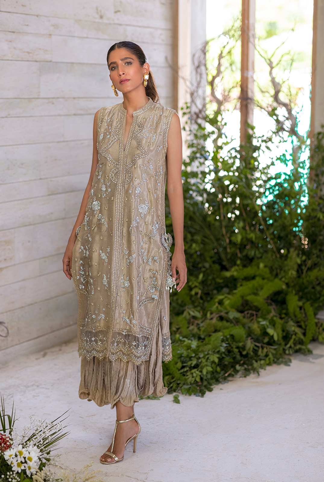 Dull Gold Zardozi Meysuri Jacket & Culottes (2-Piece) - Image 1