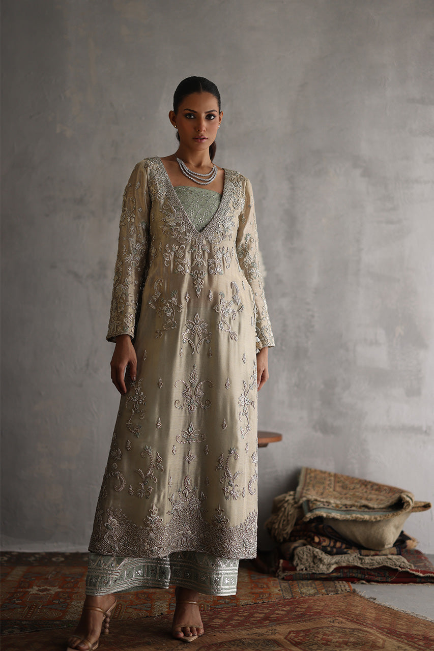 Champagne Zardozi Meysuri Kameez with Culottes (3-Piece) - Image 1