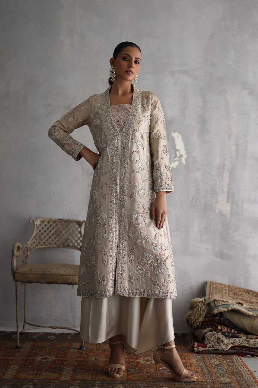 Champagne Zardozi Meysuri Jacket with Silk Culottes (2-Piece) - Image 1