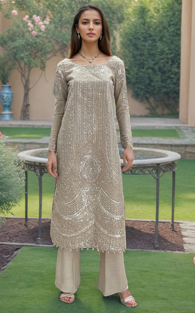 Pakistani Champagne Embroidered Net Long Shirt with Trousers (2-Piece) - Image 1