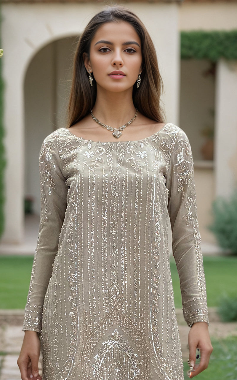 Pakistani Champagne Embroidered Net Long Shirt with Trousers (2-Piece) - Image 2