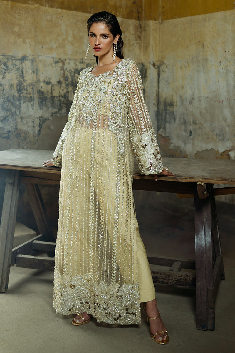 Golden Embroidered Net Long Shirt with Raw Silk Trousers (2-Piece) - Image 1