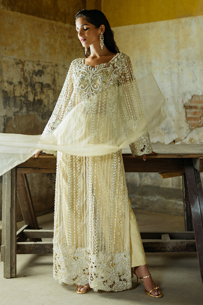 Golden Embroidered Net Long Shirt with Raw Silk Trousers (2-Piece) - Image 10