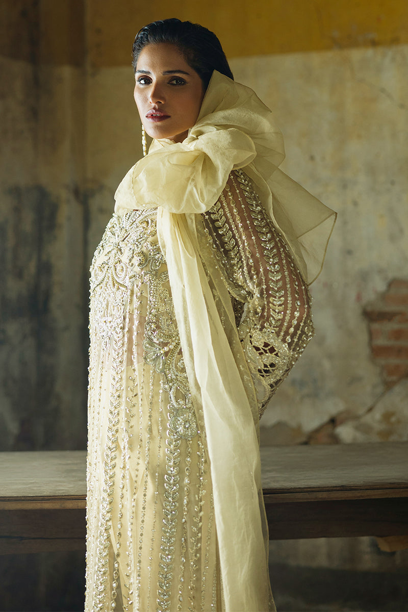 Golden Embroidered Net Long Shirt with Raw Silk Trousers (2-Piece) - Image 11
