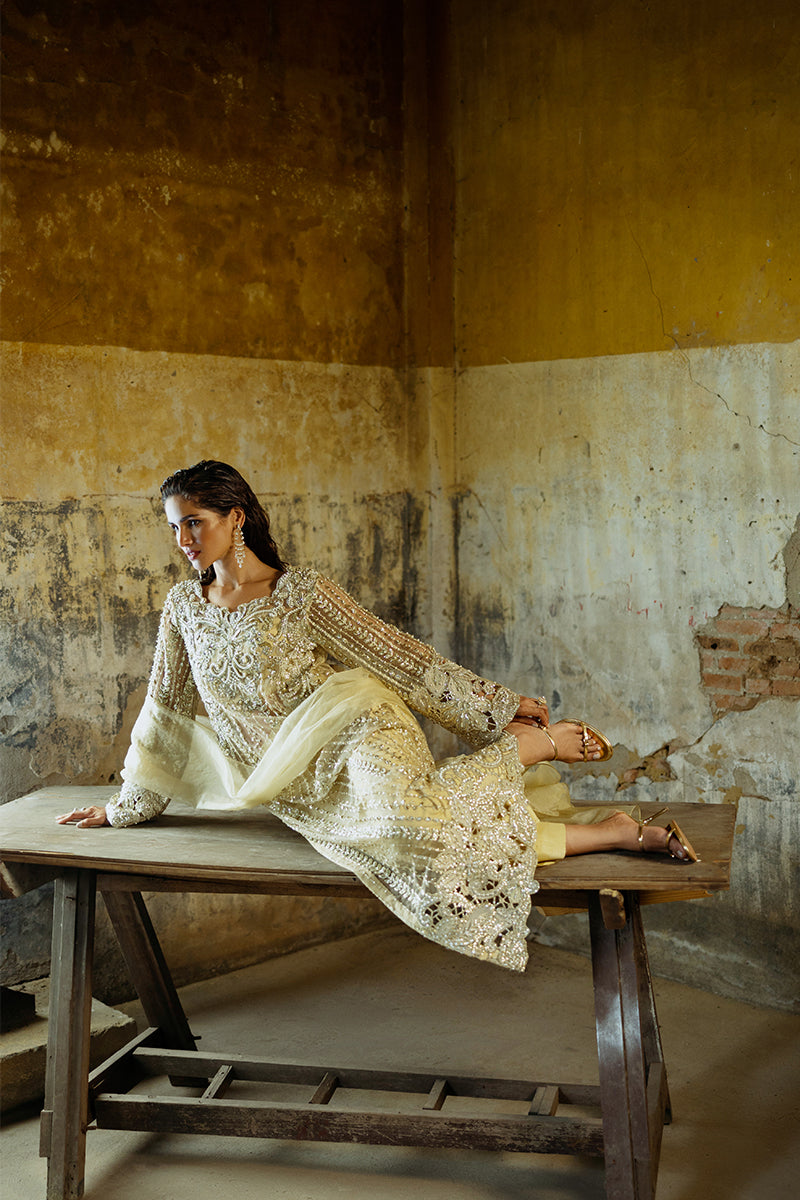 Golden Embroidered Net Long Shirt with Raw Silk Trousers (2-Piece) - Image 12