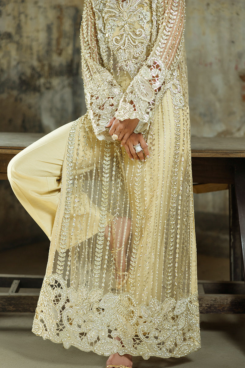 Golden Embroidered Net Long Shirt with Raw Silk Trousers (2-Piece) - Image 14