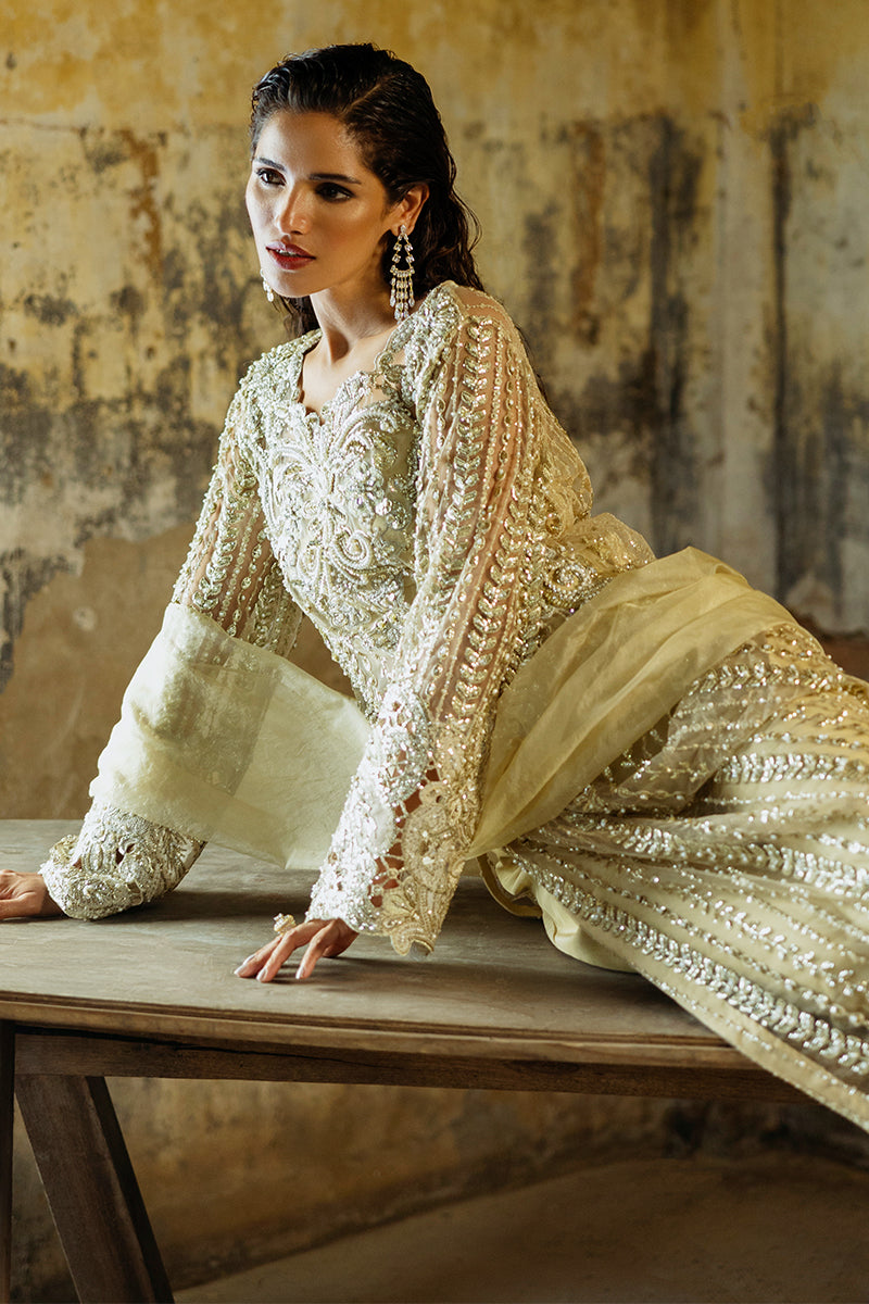 Golden Embroidered Net Long Shirt with Raw Silk Trousers (2-Piece) - Image 15
