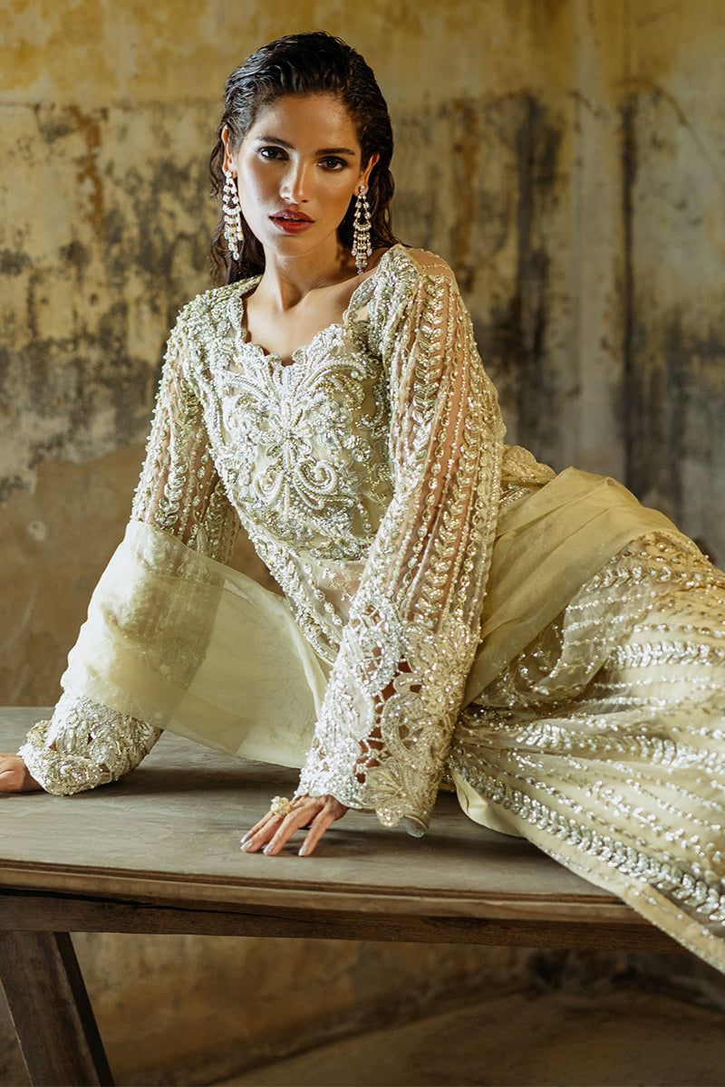 Golden Embroidered Net Long Shirt with Raw Silk Trousers (2-Piece) - Image 17