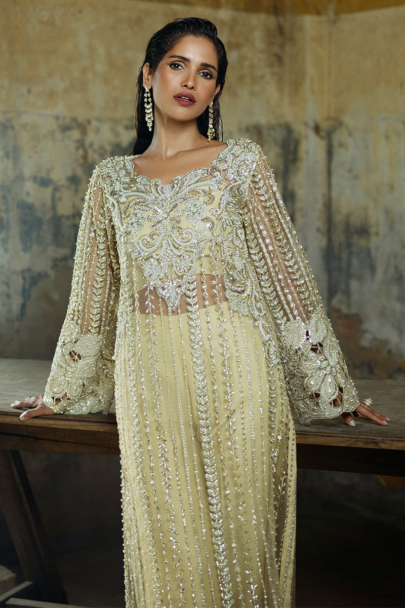Golden Embroidered Net Long Shirt with Raw Silk Trousers (2-Piece) - Image 2