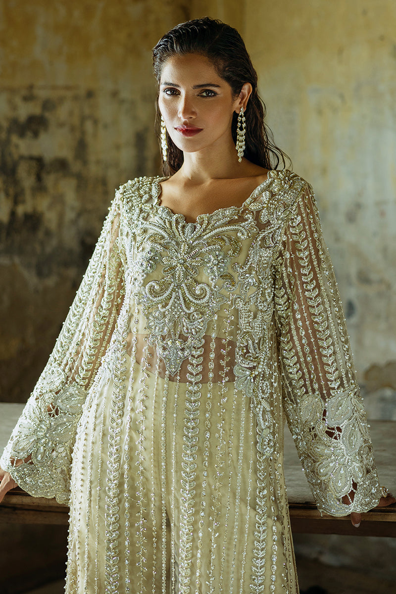 Golden Embroidered Net Long Shirt with Raw Silk Trousers (2-Piece) - Image 4