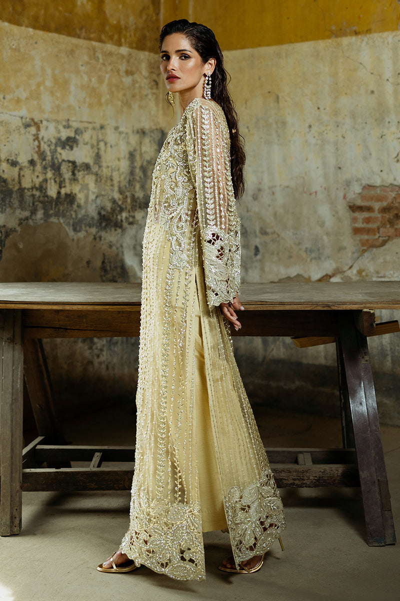 Golden Embroidered Net Long Shirt with Raw Silk Trousers (2-Piece) - Image 6