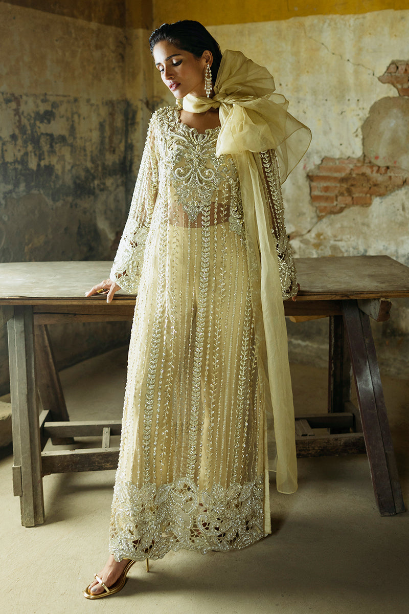 Golden Embroidered Net Long Shirt with Raw Silk Trousers (2-Piece) - Image 7