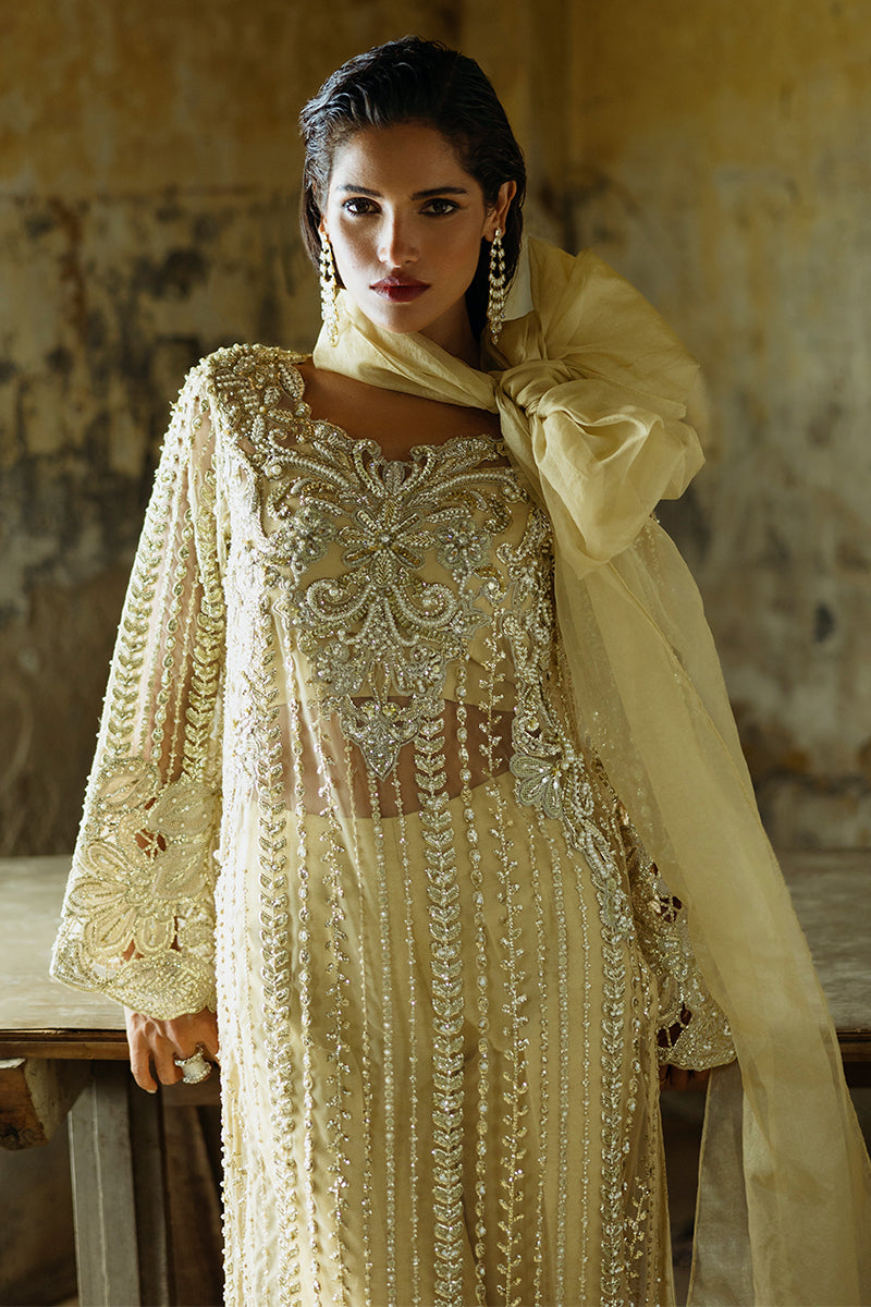 Golden Embroidered Net Long Shirt with Raw Silk Trousers (2-Piece) - Image 8