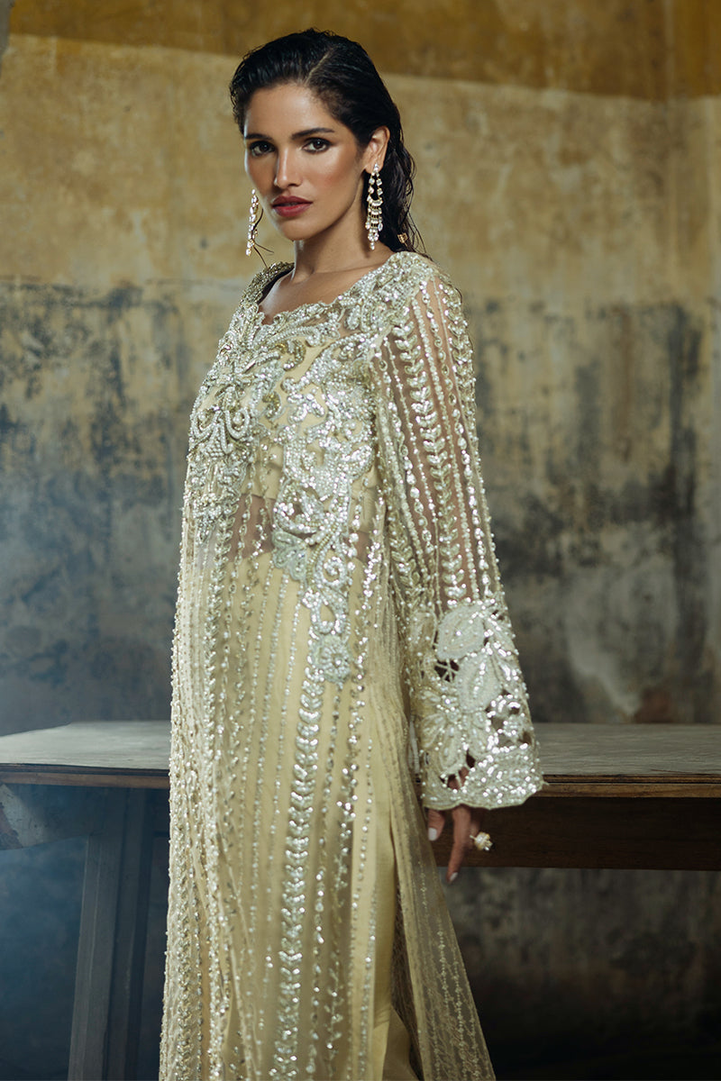 Golden Embroidered Net Long Shirt with Raw Silk Trousers (2-Piece) - Image 9