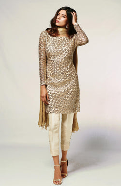 Gold Gota Net Tunic with Raw Silk Pants (2-Piece) - Image 1