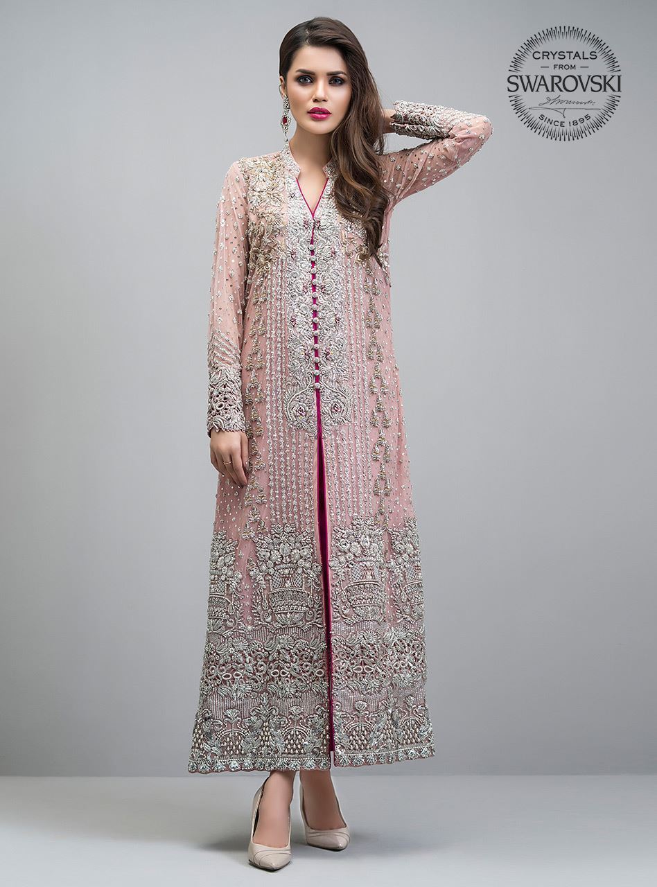 Pakistani Rose Gold Embroidered Net Front-Open Jacket (3-Piece) - Image 1