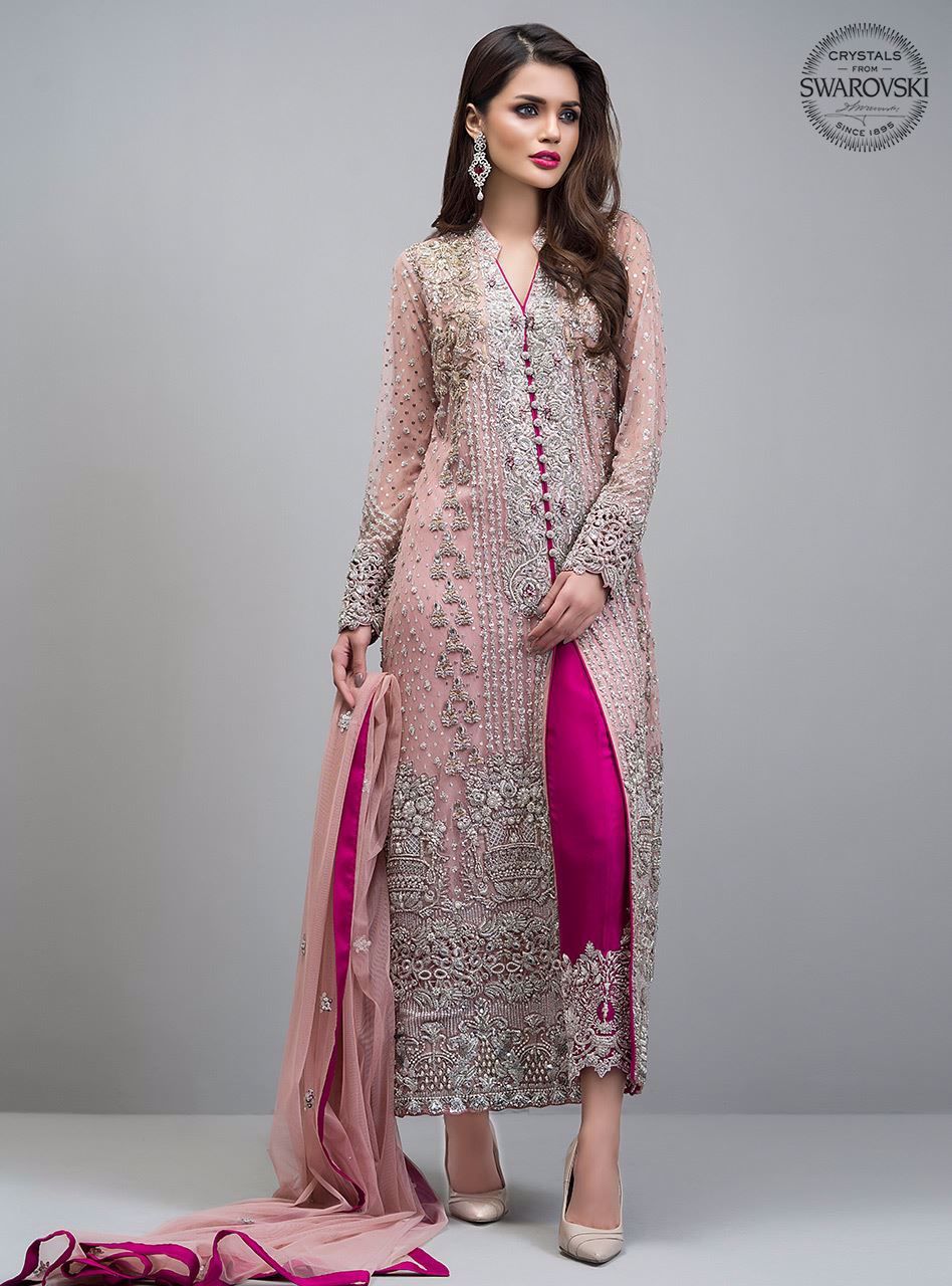 Pakistani Rose Gold Embroidered Net Front-Open Jacket (3-Piece) - Image 3