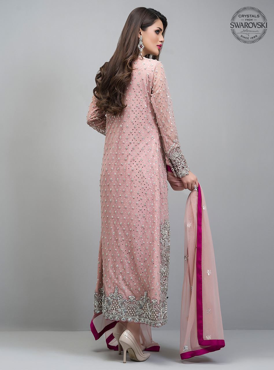 Pakistani Rose Gold Embroidered Net Front-Open Jacket (3-Piece) - Image 4