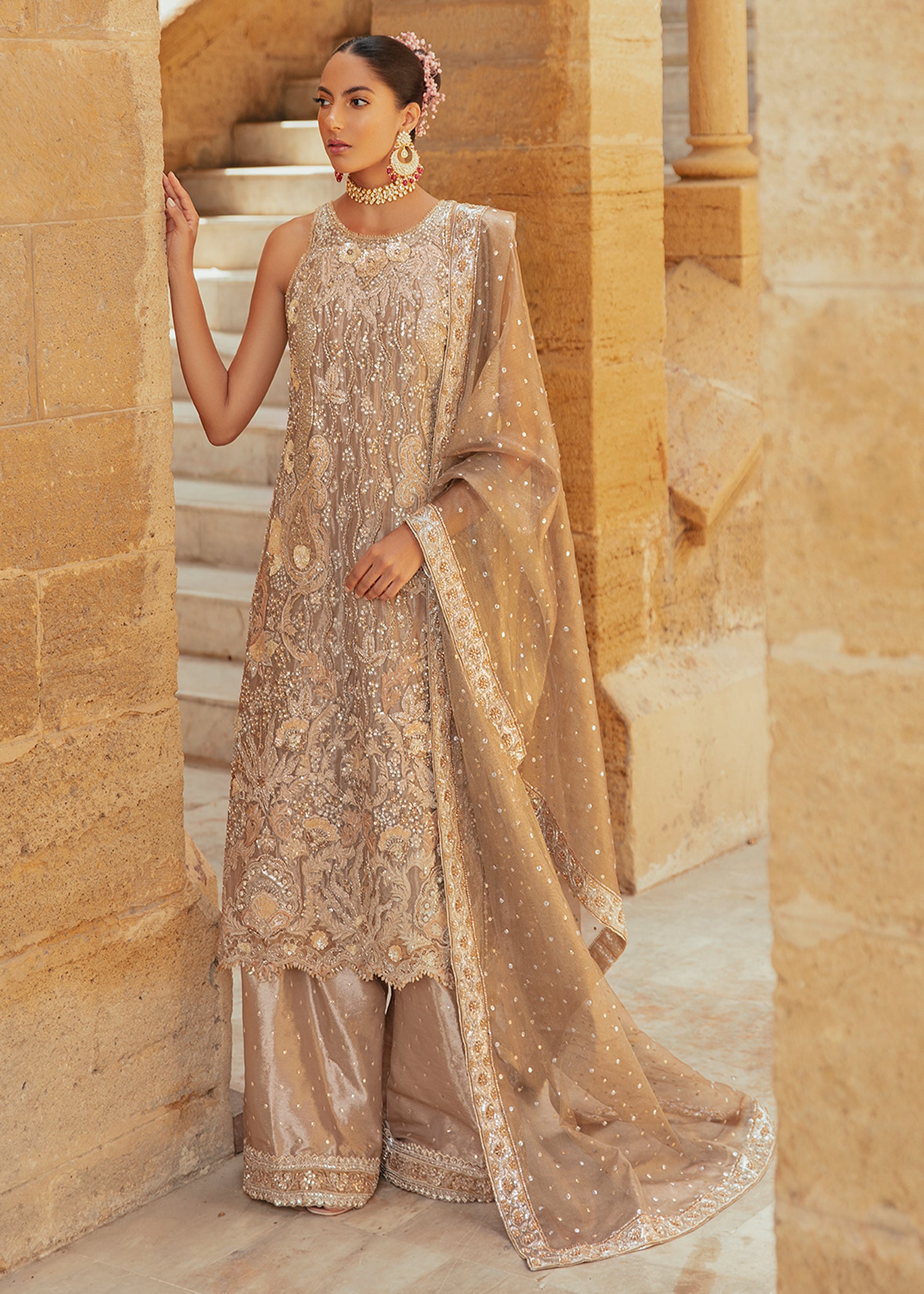 Pakistani Champagne Gold Embellished Net Salwar Kameez (3-Piece) - Image 1