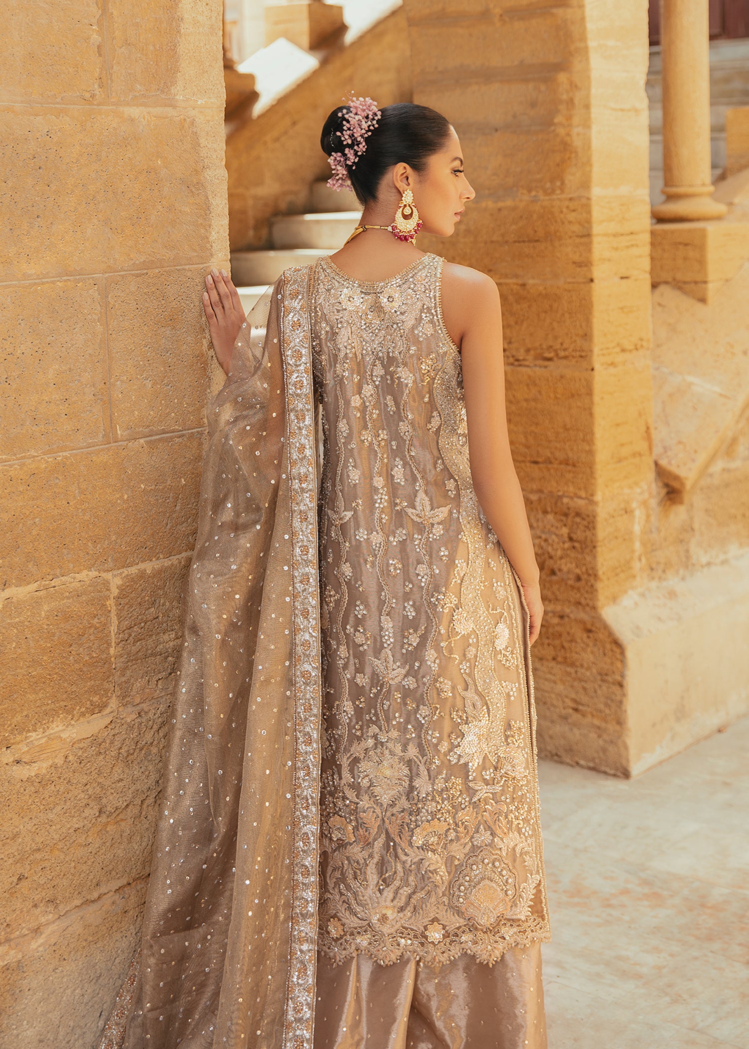 Pakistani Champagne Gold Embellished Net Salwar Kameez (3-Piece) - Image 2