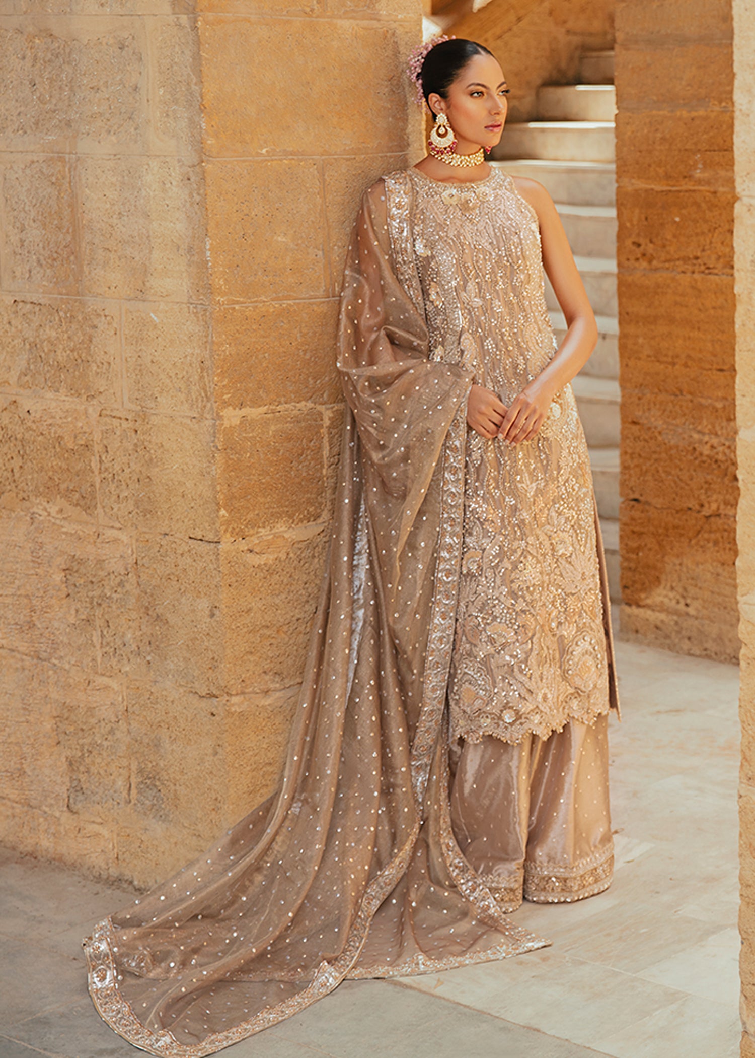 Pakistani Champagne Gold Embellished Net Salwar Kameez (3-Piece) - Image 3