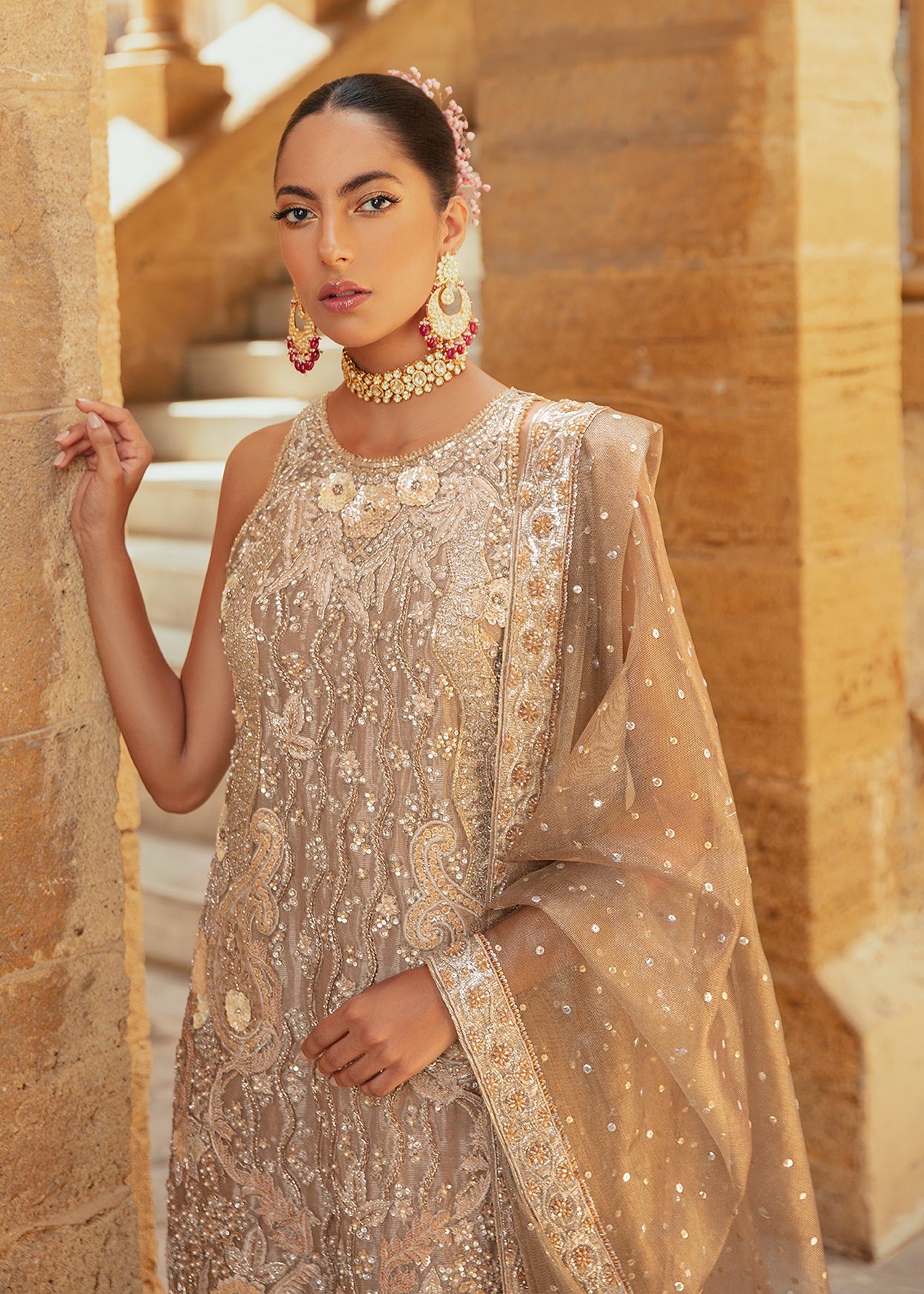 Pakistani Champagne Gold Embellished Net Salwar Kameez (3-Piece) - Image 4