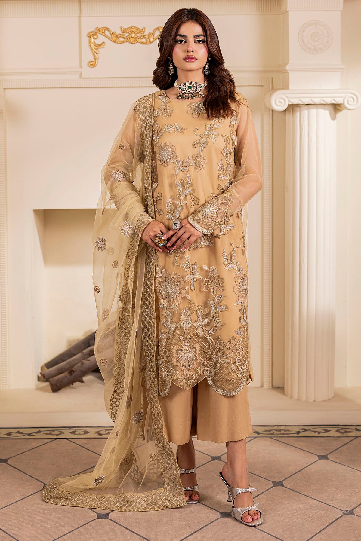 Pakistani Champagne Embroidered Net Salwar Kameez (3-Piece) - Image 1