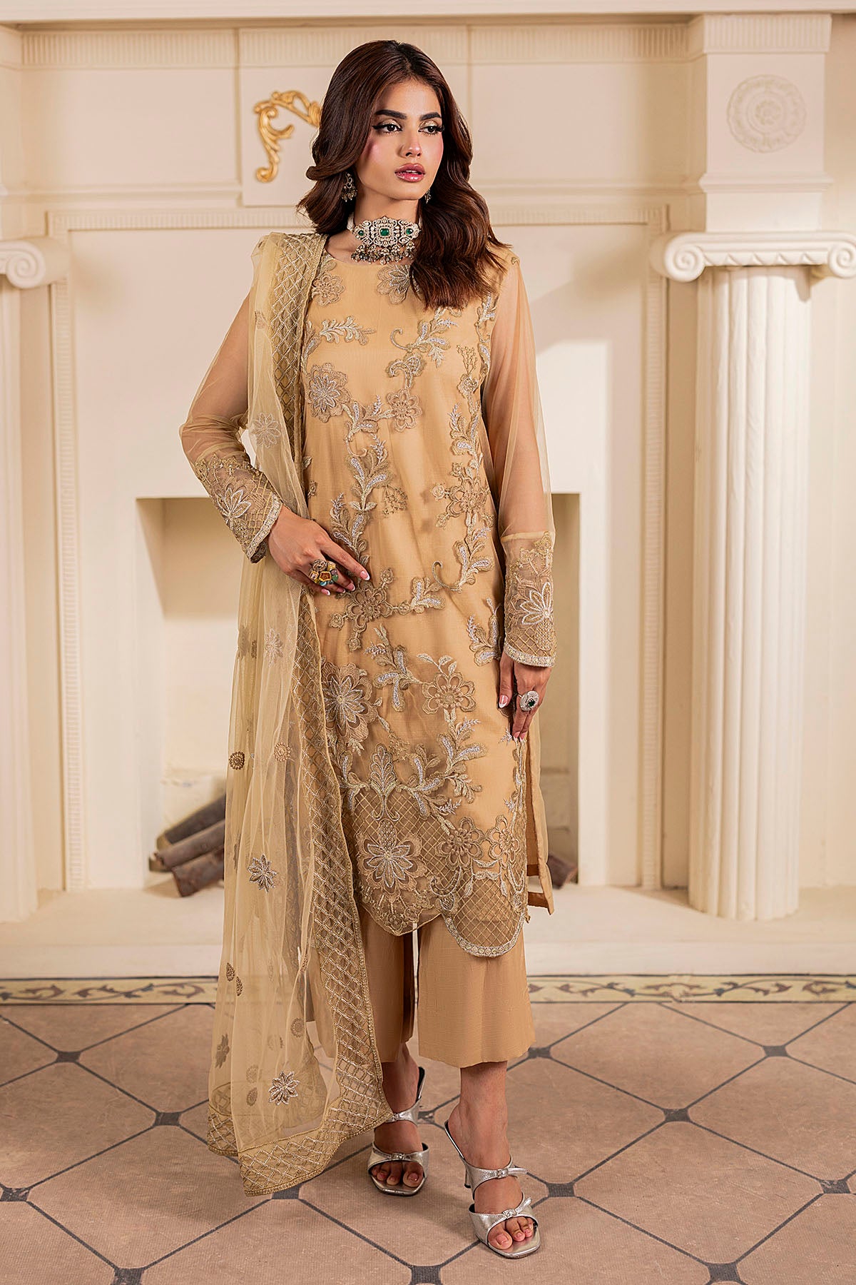 Pakistani Champagne Embroidered Net Salwar Kameez (3-Piece) - Image 2