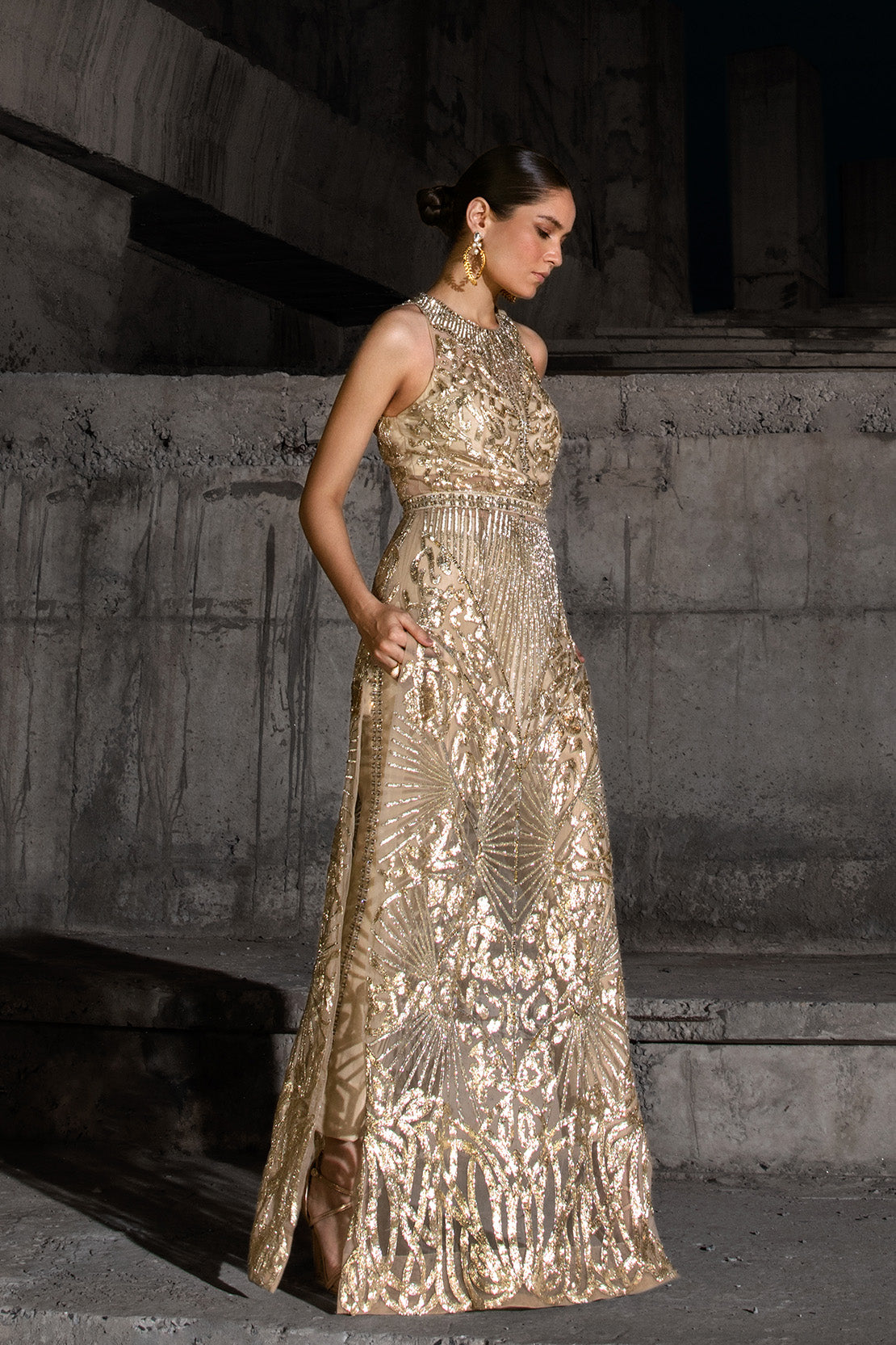 Pakistani Gold Hand-Embellished Net Long Jacket (2-Piece) - Image 2