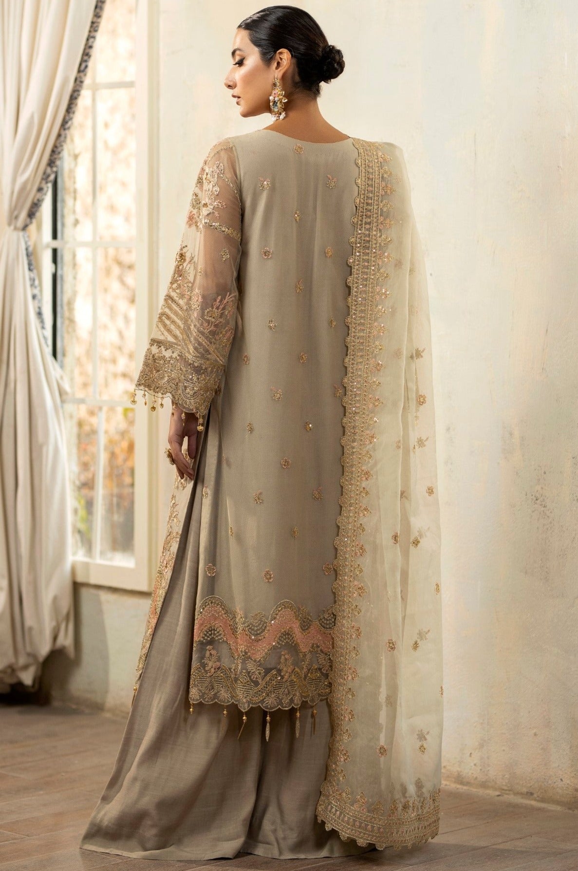 Pakistani Champagne Embroidered Net & Raw Silk Salwar Kameez (3-Piece) - Image 10