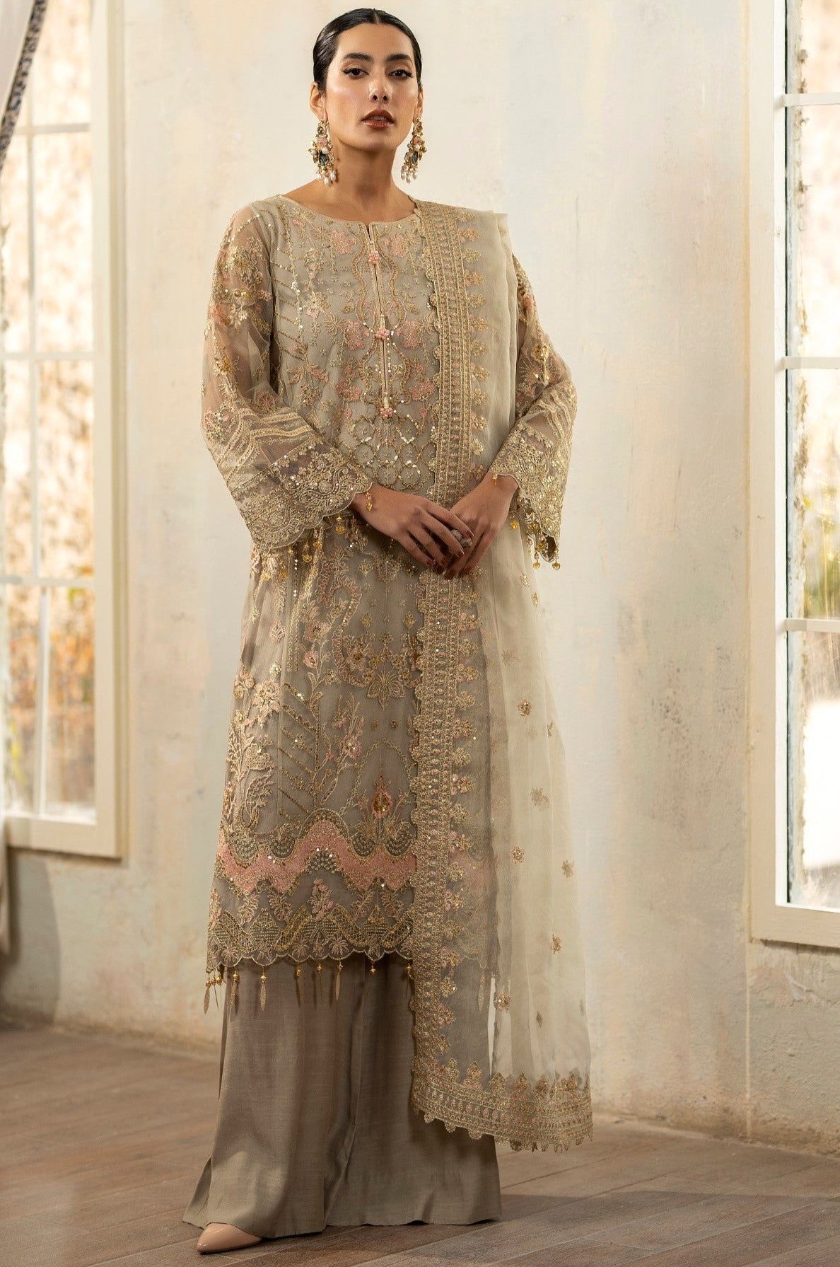 Pakistani Champagne Embroidered Net & Raw Silk Salwar Kameez (3-Piece) - Image 4
