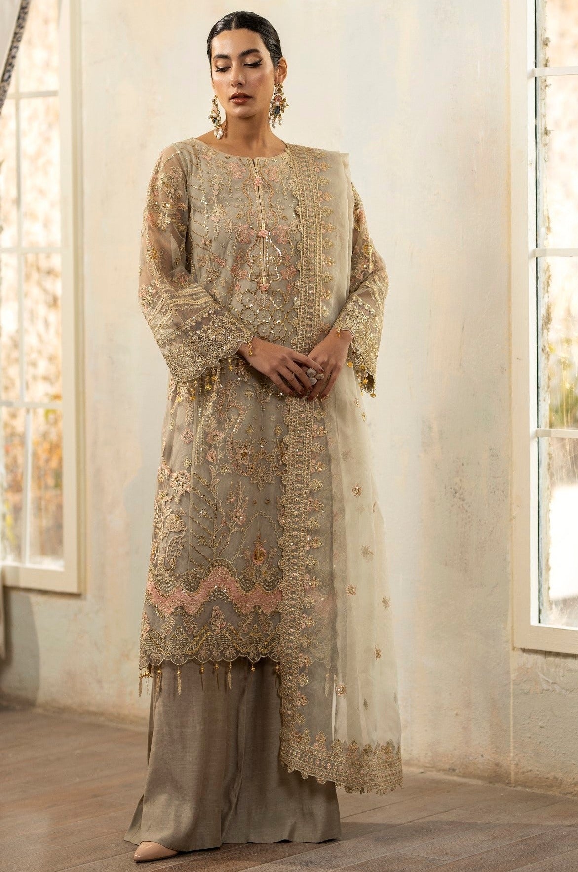 Pakistani Champagne Embroidered Net & Raw Silk Salwar Kameez (3-Piece) - Image 5