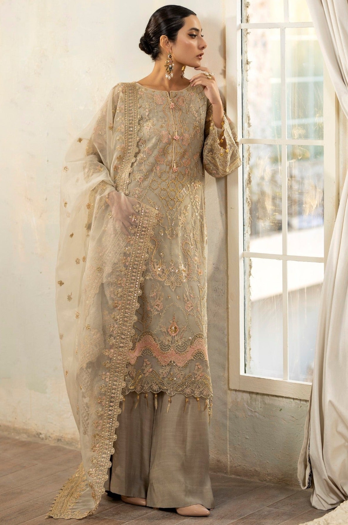 Pakistani Champagne Embroidered Net & Raw Silk Salwar Kameez (3-Piece) - Image 6