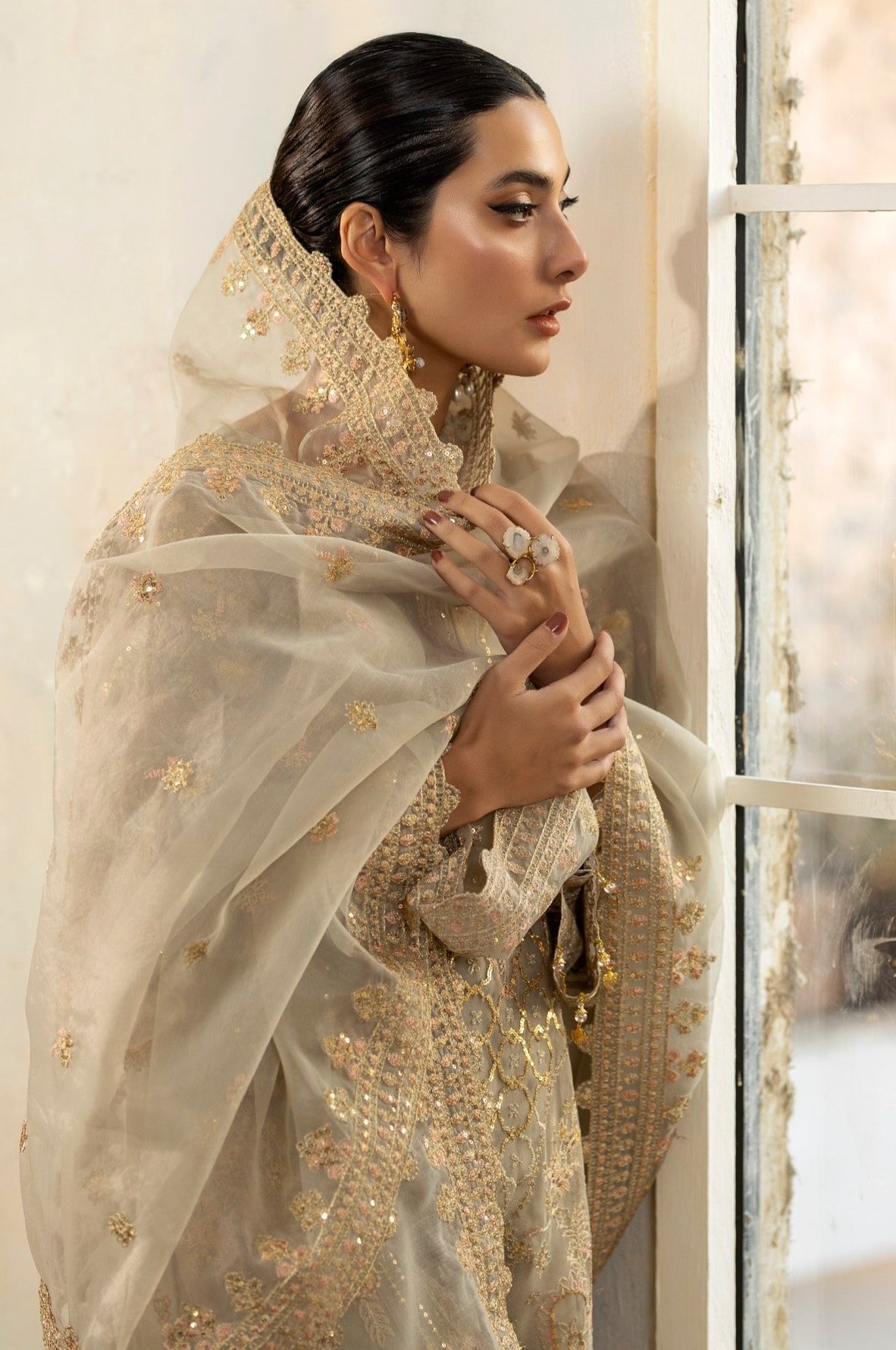 Pakistani Champagne Embroidered Net & Raw Silk Salwar Kameez (3-Piece) - Image 8