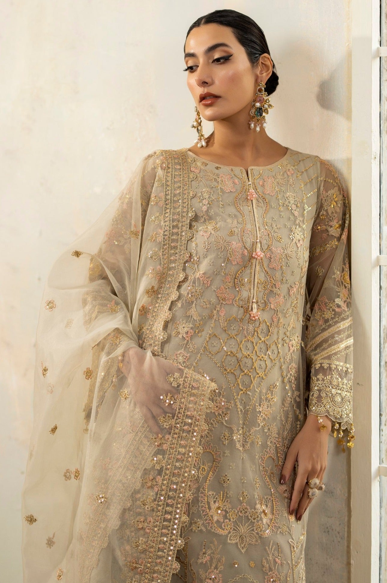 Pakistani Champagne Embroidered Net & Raw Silk Salwar Kameez (3-Piece) - Image 9