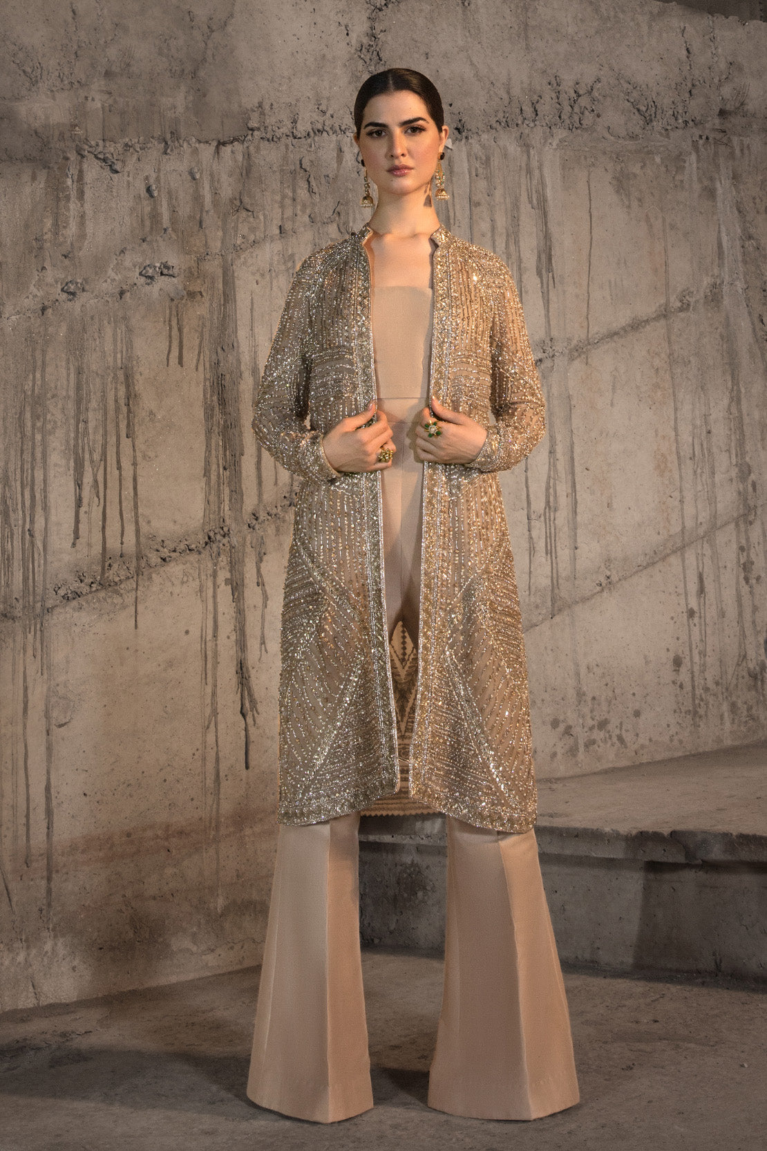 Pakistani Champagne Embellished Net Jacket with Flared Trousers (2-Piece) - Image 1