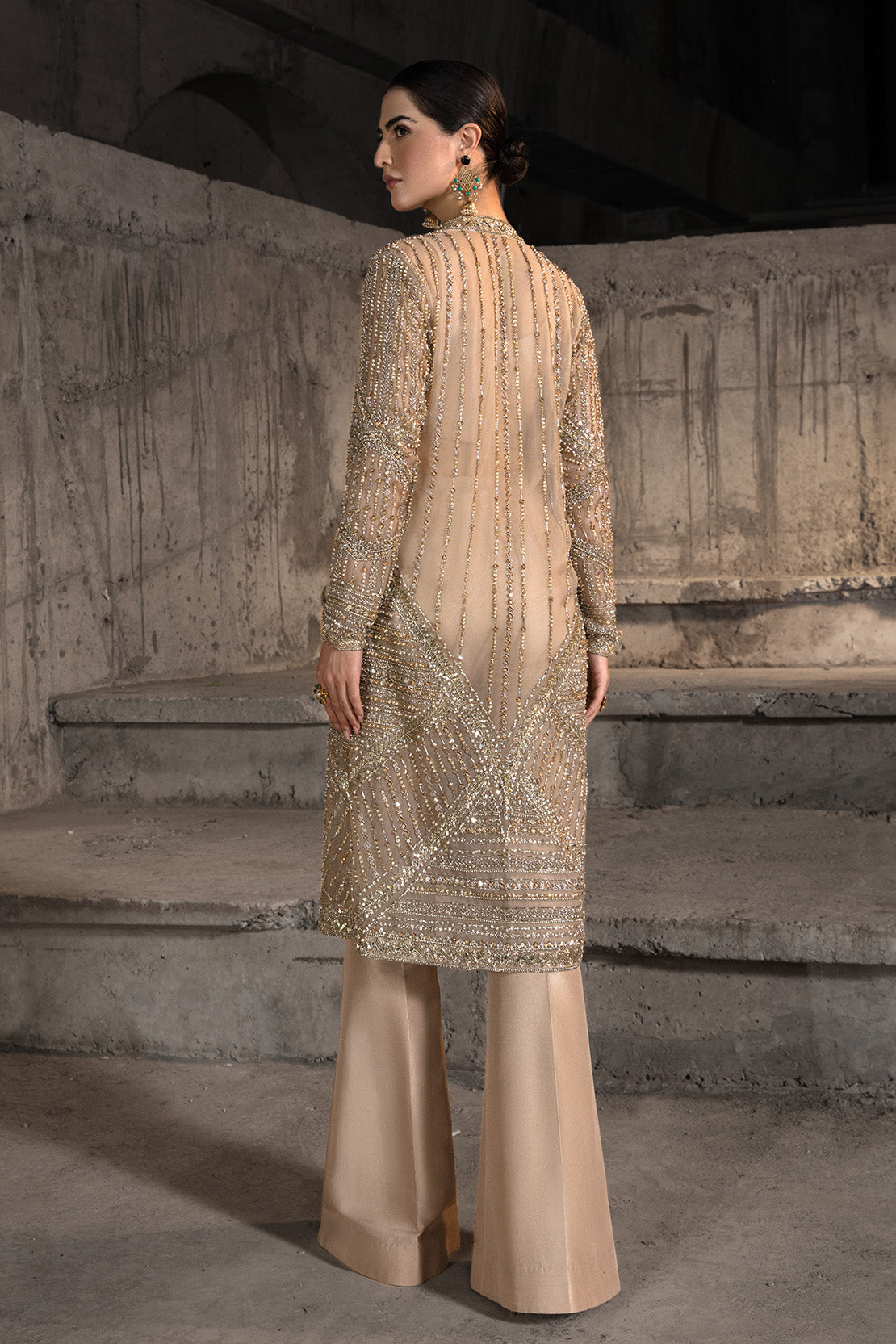 Pakistani Champagne Embellished Net Jacket with Flared Trousers (2-Piece) - Image 2
