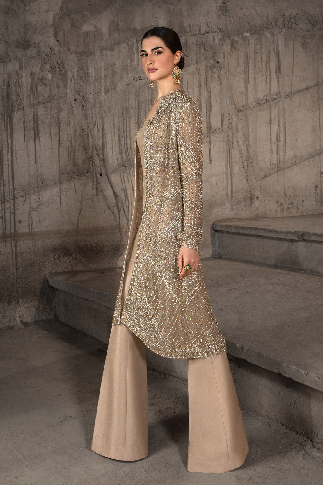 Pakistani Champagne Embellished Net Jacket with Flared Trousers (2-Piece) - Image 3
