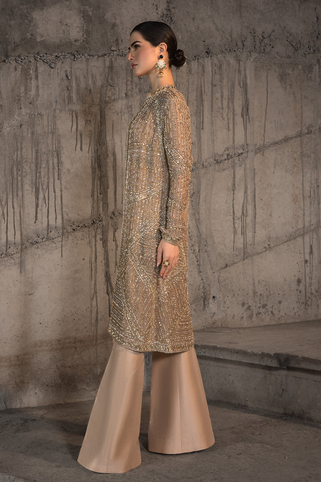 Pakistani Champagne Embellished Net Jacket with Flared Trousers (2-Piece) - Image 5