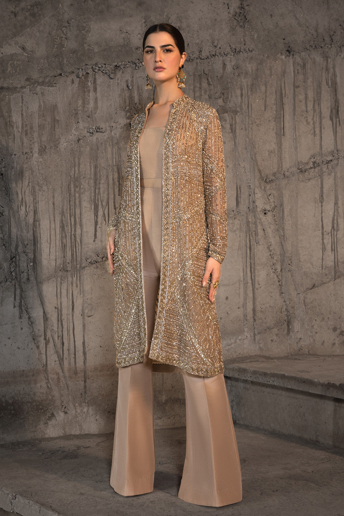 Pakistani Champagne Embellished Net Jacket with Flared Trousers (2-Piece) - Image 6