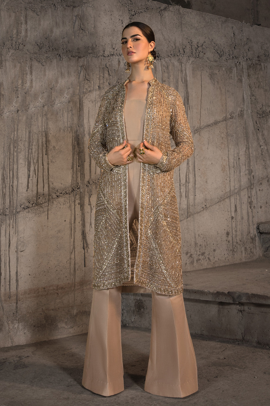 Pakistani Champagne Embellished Net Jacket with Flared Trousers (2-Piece) - Image 7