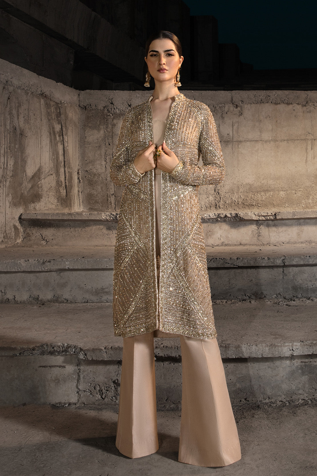 Pakistani Champagne Embellished Net Jacket with Flared Trousers (2-Piece) - Image 8