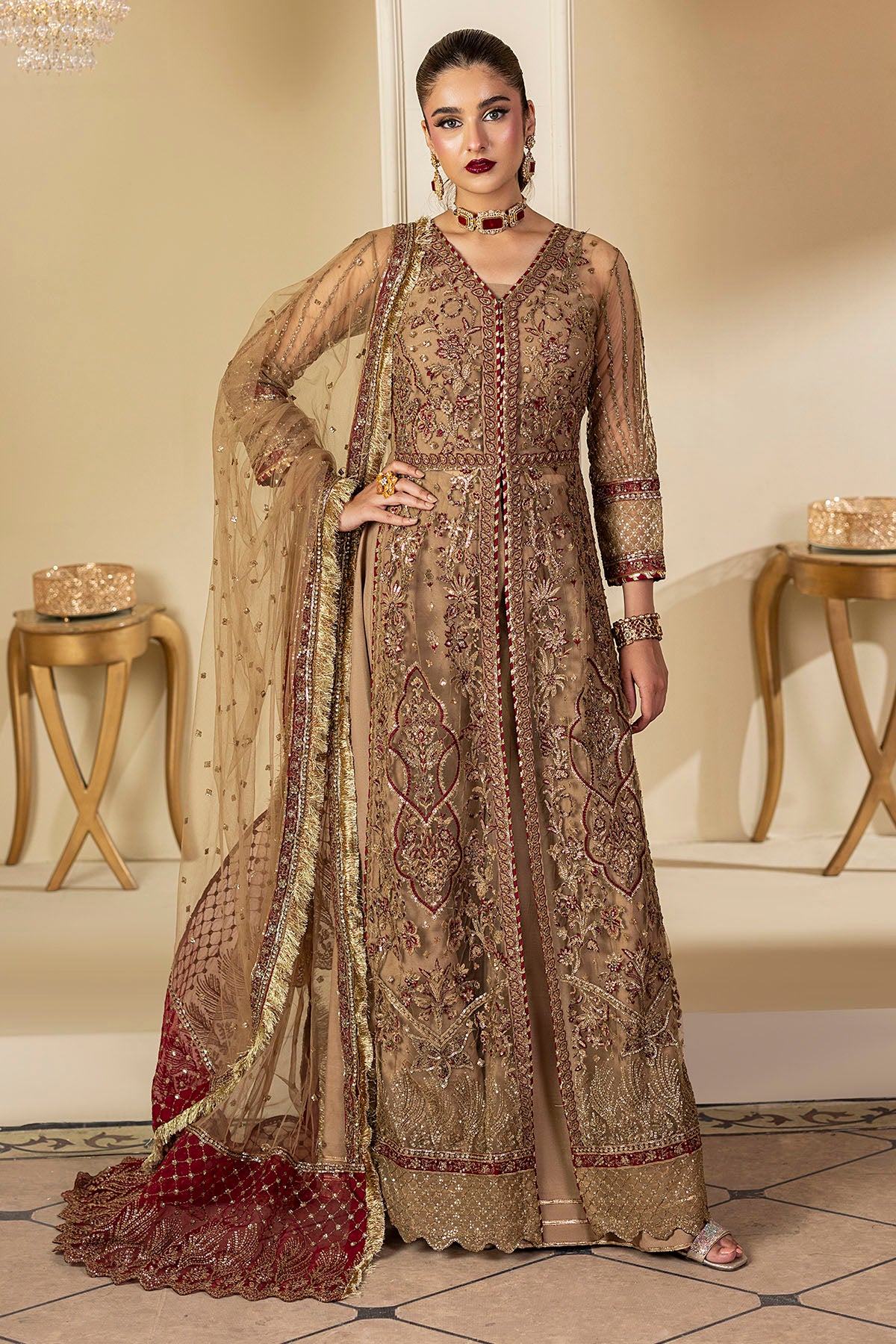 Pakistani Antique Gold Embroidered Net Long Dress (3-Piece) - Image 1