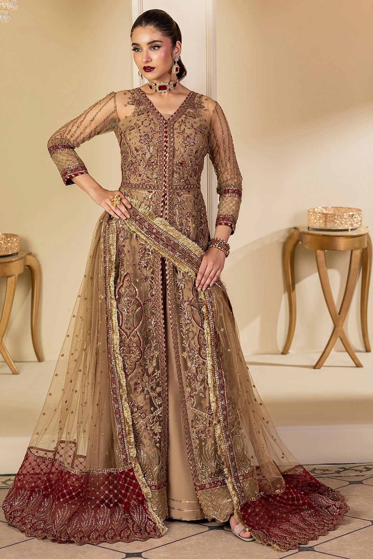 Pakistani Antique Gold Embroidered Net Long Dress (3-Piece) - Image 2