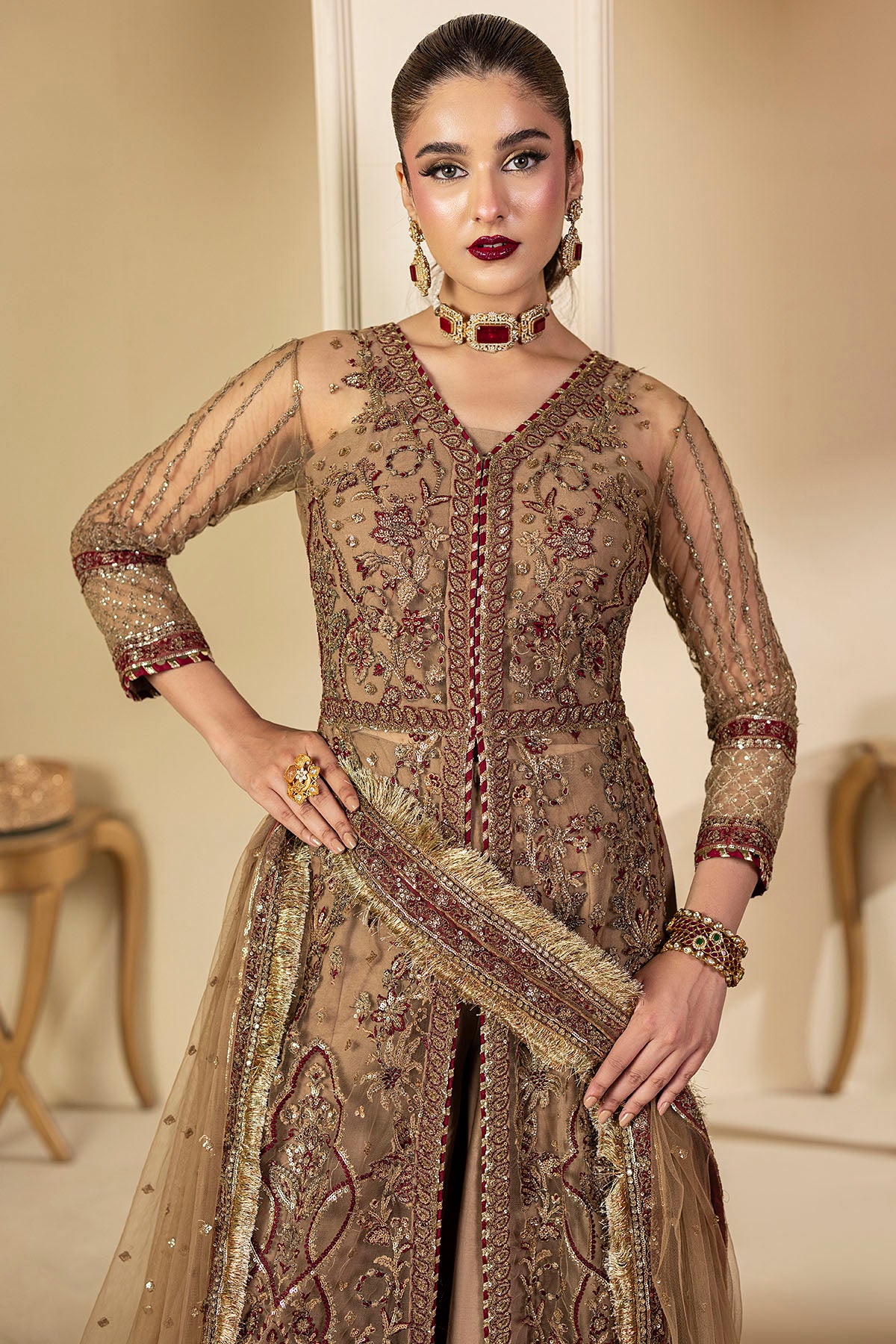 Pakistani Antique Gold Embroidered Net Long Dress (3-Piece) - Image 3